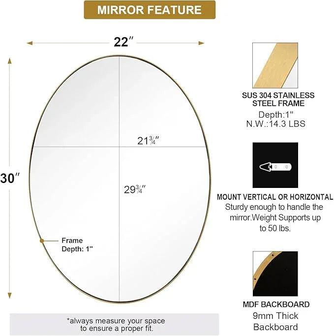 ANDY STAR Gold Oval Mirrors for Bathroom, 22x30 Inch Brushed Gold Stainless Steel Metal Framed Oval Wall Mirror, Modern Vanity Mirror Wall Mount Horizontal or Vertical - ModernBath