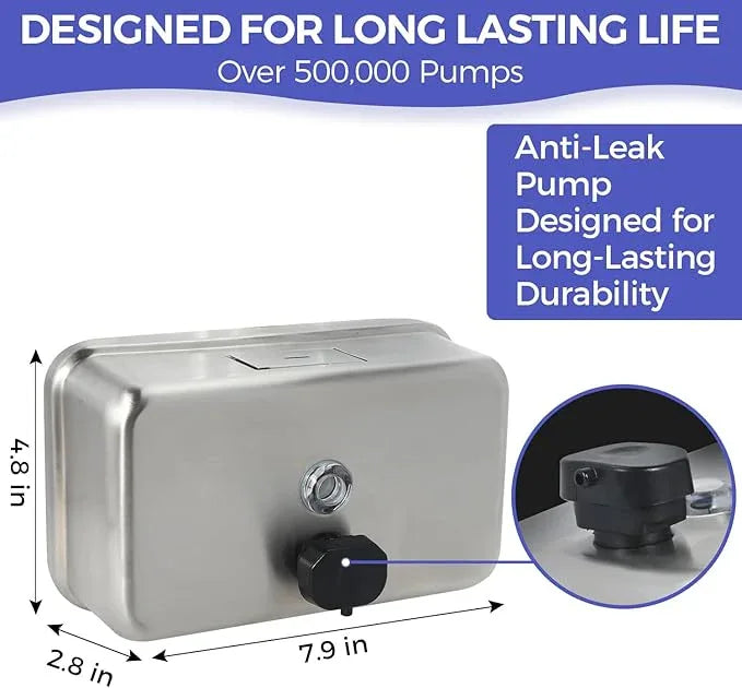 Stardrix Heavy Duty Stainless Steel Wall Mount Soap Dispenser, 1100ml/37oz, with Corrosion Proof Lining and Anti-Leak Pump for Commercial & Home Bathroom Kitchen (Horizontal) - ModernBath