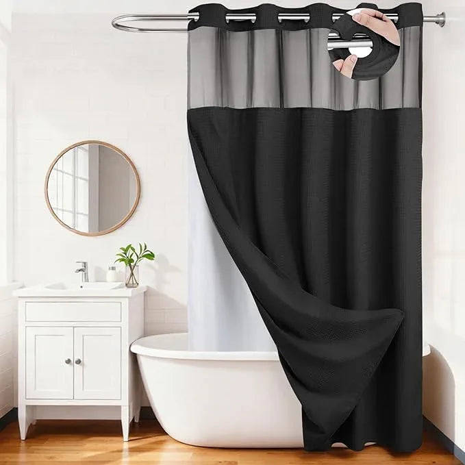 River Dream Heavyweight No Hooks Required Dotted Waffle Weave Shower Curtain with Snap in Liner -Extra Long 71W x 86H,Hotel Grade,Spa Like Bath Curtain,Black - ModernBath