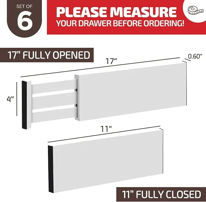 6 Pack Drawer Dividers 4 Inch High, 11”-17" Adjustable Bamboo Organizers Large Expandable Drawer Separators for Cloths, Dresser, Bedroom, Bathroom, Baby Drawer, Office & Kitchen Utensils (White) - ModernBath