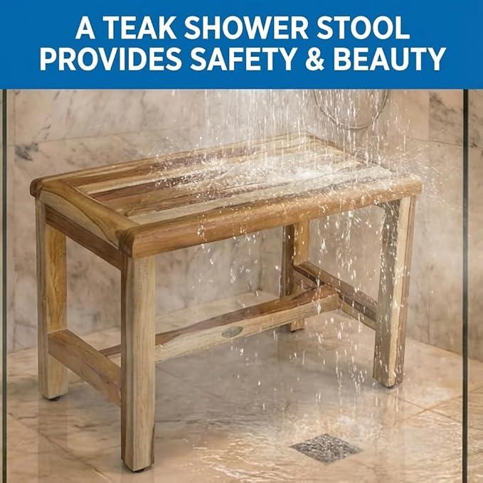 EcoDecors Eleganto 24 Inch Natural Color Waterproof Teak Wood Shower Bench Stool Seat Chair For Inside Shower Provides Safety, Storage, and Organization For Bathroom Accessories - ModernBath