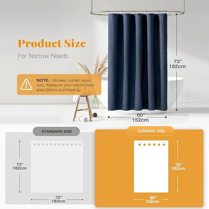 BTTN 60 Inch Fabric Shower Curtain, Stall Linen Textured Waterproof Heavy Duty Cloth Shower Curtain Set with 10 Plastic Hooks, Narrow Hotel Luxury Washable Bath Curtains for Bathroom, 60x72, Navy Blue - ModernBath
