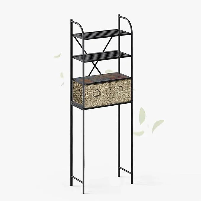 Zhongma 4-Tier Over The Toilet Storage with 2 Baskets, Metal Bathroom Organizers and Storage for Small Space, Slate and Weave - ModernBath