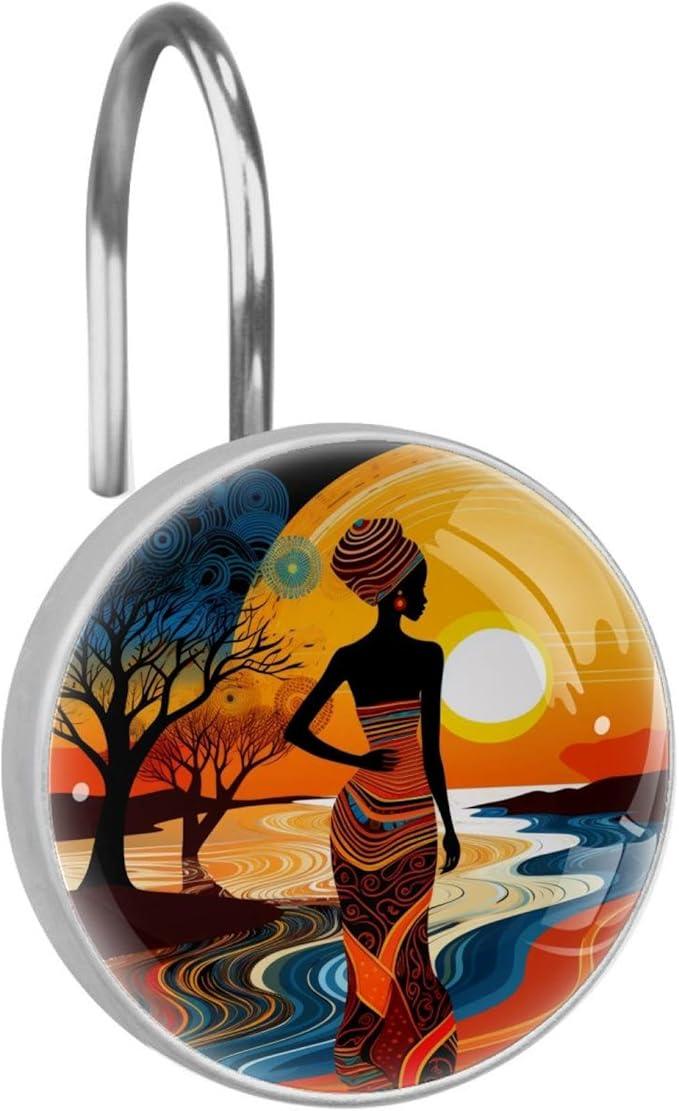 FVQL Shower Curtain Hooks Decorative, Sunset Cartoon African Women, Set of 12, Metal Shower Curtain Rings for Bathroom - ModernBath