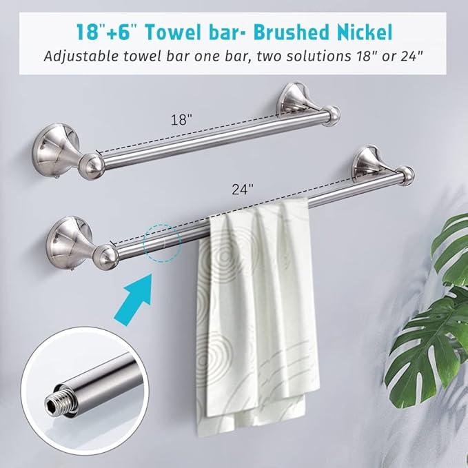 8 Piece Bathroom Accessory Set(Adjustable Towel Bar, Towel Ring, Toilet Paper Holder,Towel Hook), Wall Mounted Bathroom Hardware Accessories Set,Brushed Nickel - ModernBath