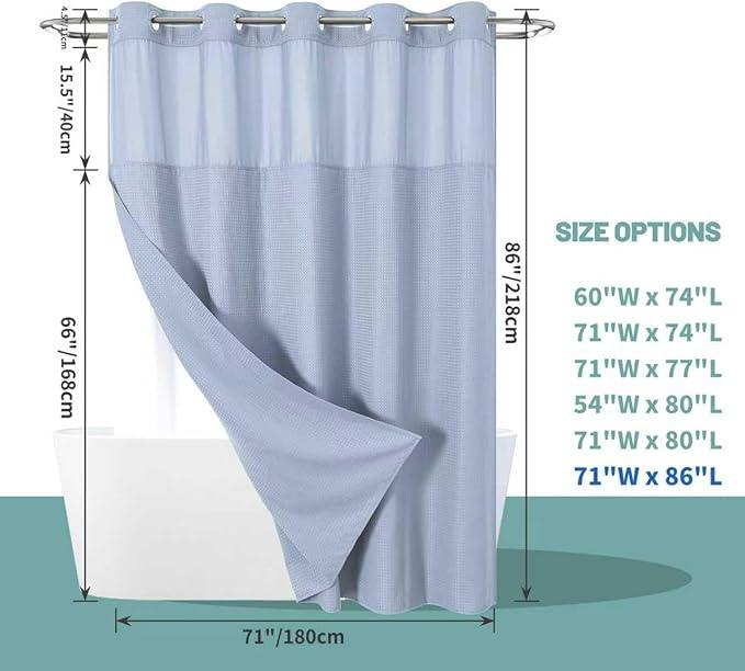 eachope FrostBlue Extra Long No Hook Waffle Weave Shower Curtain with snap-in Liner Replacement, 230GSM Waterproof Fabric Hotel Shower Curtain Set for Bathroom, Through Mesh Top Window,71Wx86H - ModernBath