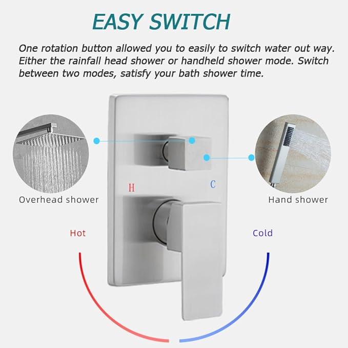 Heable Brushed Nickel Shower System Bathroom Luxury Rain Mixer Shower Combo Set Wall Mounted Rainfall Shower Head System Shower Faucet Rough-in Valve Body and Trim Kit - ModernBath