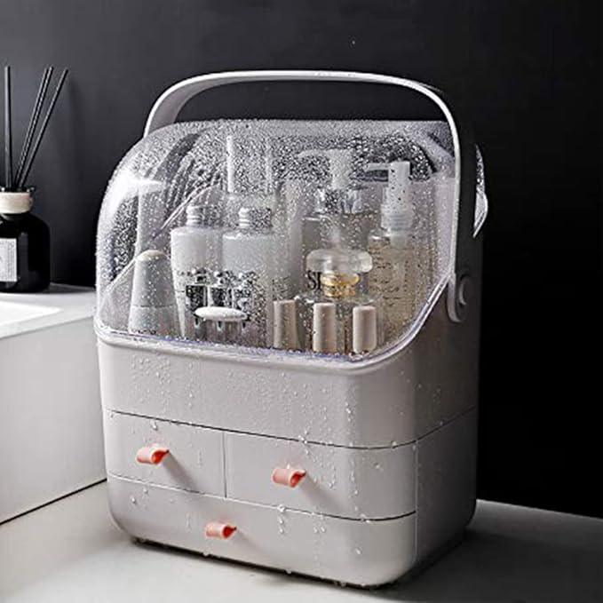 LINFIDITE Cosmetic Storage Box with Lid Waterproof&Dustproof Makeup Organizer Box Portable Handle,Large Makeup Display Case with Drawers Fully Open Lid,Great for Bathroom Countertop Bedroom Dresser - ModernBath