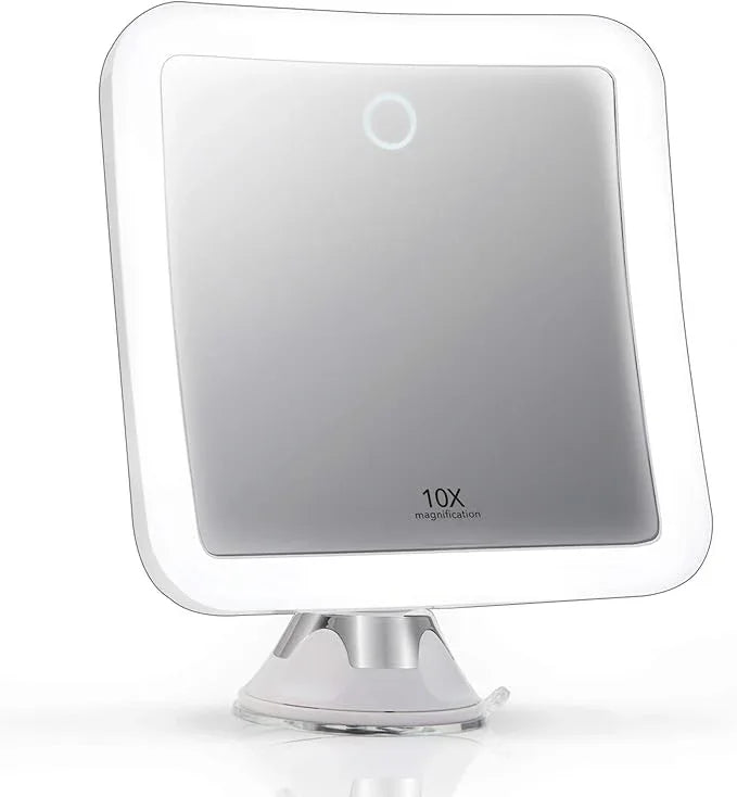 Fancii Rechargeable 10x Magnifying Mirror with 3 LED Light Settings, Dimmable Touch Light, Cordless, Locking Suction Mount, Lighted Mirror for Bathroom or Travel, Mira 2 (White) - ModernBath