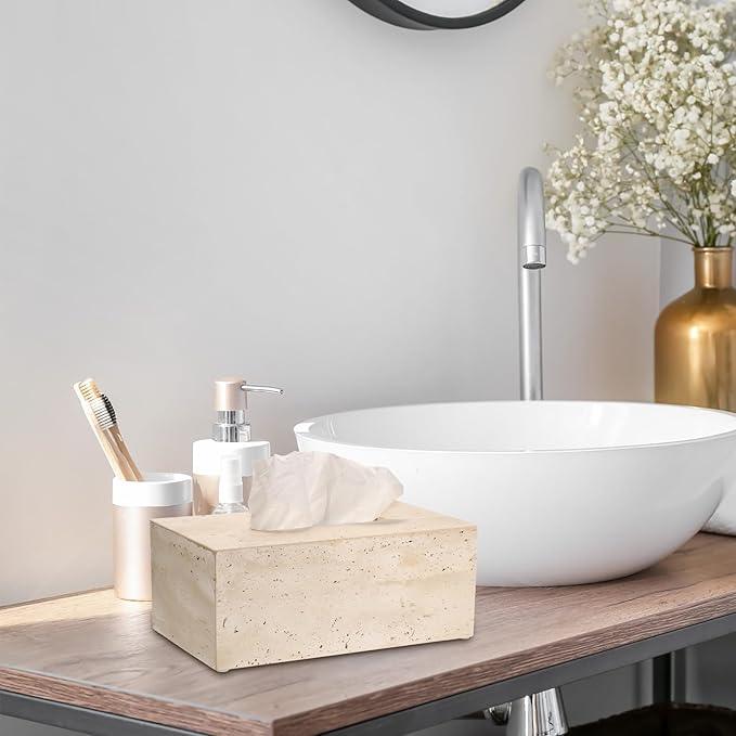 Sumnacon Rectangular Tissue Box Cover Natural Travertine Tissue Cover with Pads,Heavy Duty Stone Tissue Box Holder,Gorgeous Tissue Holder for Toilet Bathroom Kitchen Living Room Table,Light Beige - ModernBath
