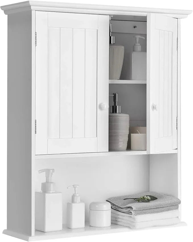 Tangkula Wall Mount Bathroom Cabinet Wooden Medicine Cabinet Storage Organizer with 2-Doors and 1-Shelf Cottage Collection Wall Cabinet (White) - ModernBath