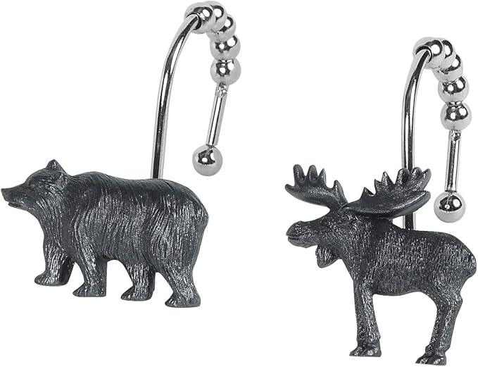 Woodland Black Bear Moose Shower Curtain Hooks, Rustproof Rustic Cabin Shower Hooks for Shower Curtain, 5 Roller Ring Balls Lodge Bathroom Curtain Hooks, Outdoor Decorative Animal Hooks, Set of 12 - ModernBath