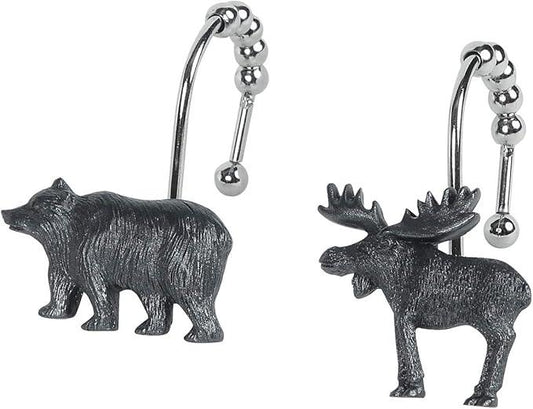 Woodland Black Bear Moose Shower Curtain Hooks, Rustproof Rustic Cabin Shower Hooks for Shower Curtain, 5 Roller Ring Balls Lodge Bathroom Curtain Hooks, Outdoor Decorative Animal Hooks, Set of 12 - ModernBath