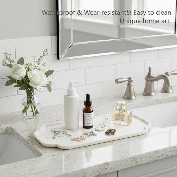 Marmor 100% Natural Marble Bathroom Tray for Perfume, Candles, Jewelry Stone Vanity, Bathroom & Kitchen Counter Organizer and Home Decor (Calacatta Gold Marble Lace Long Plate（14.2 * 7.9 * 0.7）) - ModernBath