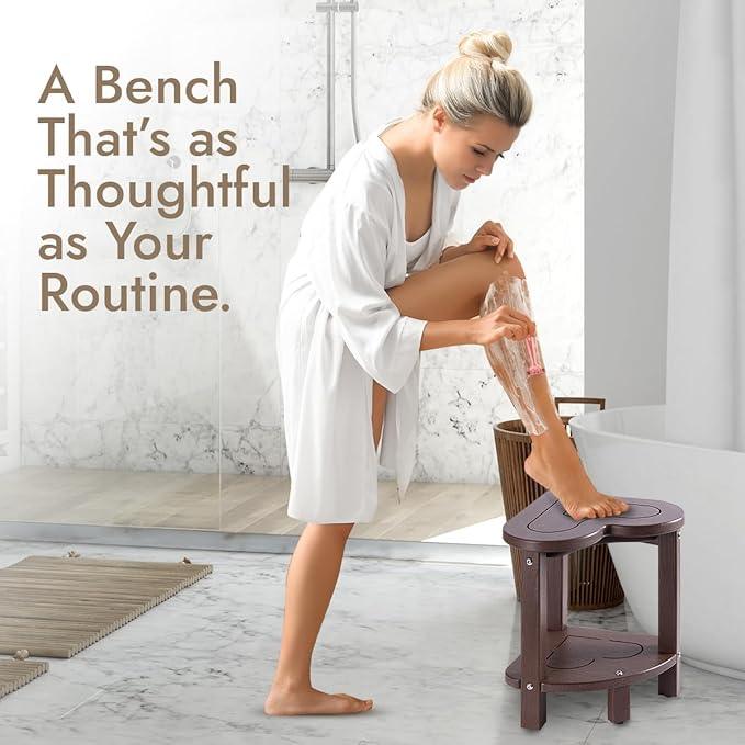 UHA Corner Shower Stool for Inside Shower - Waterproof Corner Shower Bench, HDPE Plastic Bathroom Bench, Adjustable Height Corner Chair for Shaving Legs,Storage Shelf,Non-Slip Feet， Coffee - ModernBath