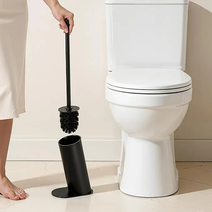 Toilet Brush and Holder Set, Stainless Steel Toilet Bowl Brush with 16.5" Long-Reach Handle, Tilted Canister with Concealed Brush Head & Anti-Splash Shield for Bathroom Cleaning, 1 Spare Head Included - ModernBath