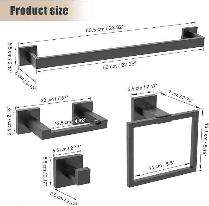 TQKAG Matte Black Bathroom Hardware Accessories Set 5 Pieces, Double Post Pivoting Toilet Paper Holder Set Stainless Steel Square Bathroom Towel Bar Holder Set Wall Mounted - ModernBath
