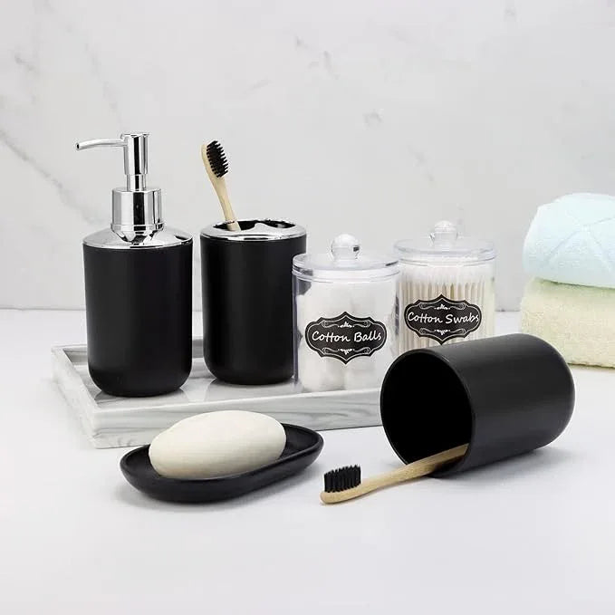 IMAVO Bathroom Accessories Set,Black Bathroom Set,9 Pieces Bathroom Accessory Set,Tray,Qtip Holders,Toilet Brush,Trash Can for Bathroom Décor and Home Gifts - ModernBath