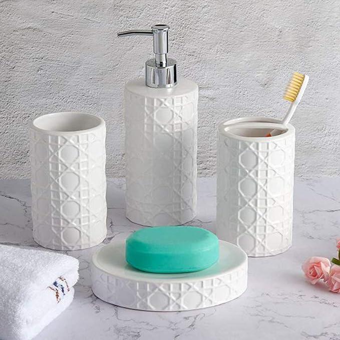 CAA'S Bathroom Accessories Set Ceramic 4 Pieces Bathroom Ensemble for Bath Decor Includes Lotion Dispenser Toothbrush Holder Tumbler Soap Dish (White Netting) - ModernBath