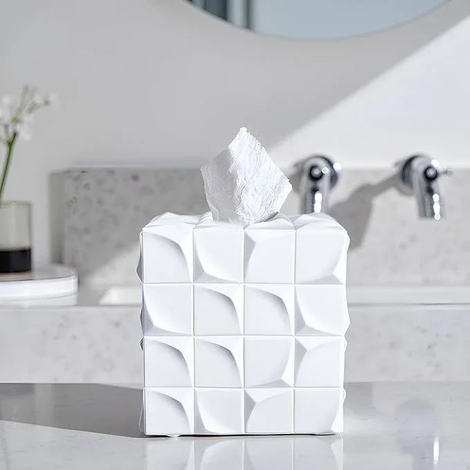 Huitony Square Tissue Box Cover Decorative Kleenex Box Holder for Bathroom & Living Room with Handcrafted Texture (White) - ModernBath