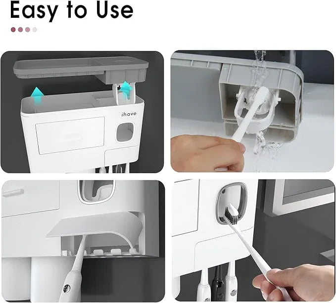 iHave Toothbrush Holders for Bathrooms, 2 Cups Toothbrush Holder Wall Mounted with Toothpaste Dispenser - Large Capacity Tray, Cosmetic Drawer - Bathroom Decor & Bathroom Accessories - ModernBath