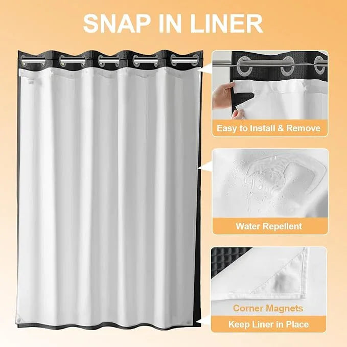 River Dream Extra Long No Hook Shower Curtain with Snap in Liner, Cotton Blend Shower Curtains for Bathroom, Hotel Grade, Water Repellent, Black, 71" Wx86 L - ModernBath