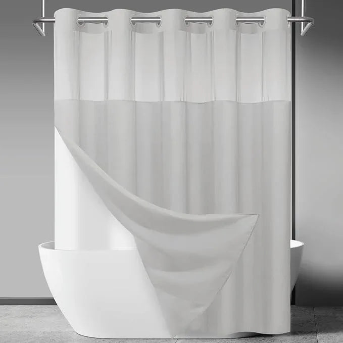 SORTTO No Hook Slub Textured Shower Curtain with Snap in Liner - Light Grey Fabric Outer Curtain & Waterproof Inner Liner, Hotel Style with See Through Top Window, 71x86 in - ModernBath