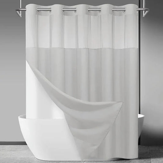 SORTTO No Hook Slub Textured Shower Curtain with Snap in Liner - Light Grey Fabric Outer Curtain & Waterproof Inner Liner, Hotel Style with See Through Top Window, 71x80 in - ModernBath