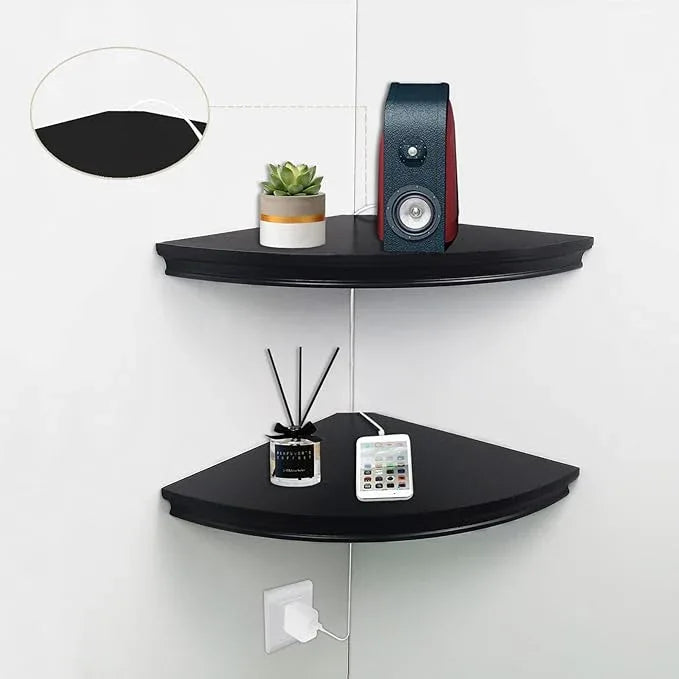 HAO Floating Corner Shelf Invisible Wall Mounted Shelves Radial Shape Cable Wire Hole Pattern Perfect for Bedroom Bathroom Living Room Kitchen Set of 2 Black - ModernBath