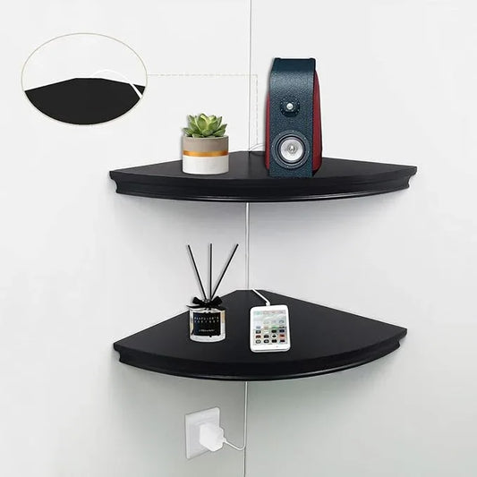 HAO Floating Corner Shelf Invisible Wall Mounted Shelves Radial Shape Cable Wire Hole Pattern Perfect for Bedroom Bathroom Living Room Kitchen Set of 2 Black - ModernBath