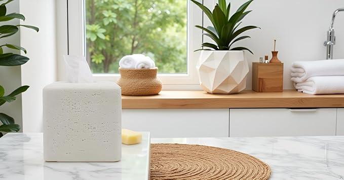 Huitony Travertine Tissue Box Cover Square Decorative Stone Klenex Box Holder for Bathroom & Living Room with Handcrafted Texture (Light White) - ModernBath