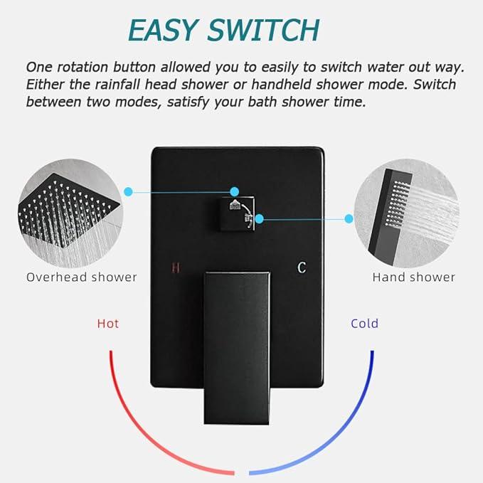 Heable Matte Black Shower System Bathroom Luxury Rain Mixer Shower Combo Set Wall Mounted Rainfall Shower Head System Shower Faucet Rough-in Valve Body and Trim Kit - ModernBath