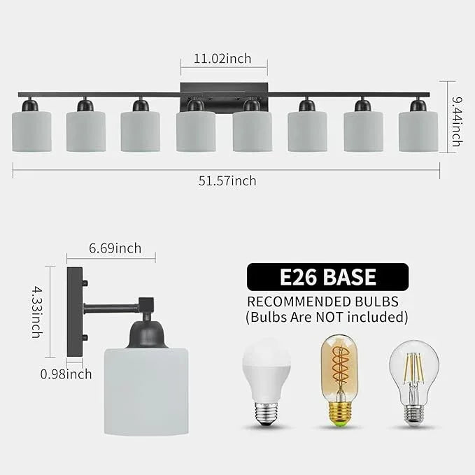 FAISHILAN 8 Light Black Bathroom Light Fixtures Over Mirror for Big Mirror, Modern Bathroom Lighting with Milky White Frosted Glass Shades,51 inch Lights for Vanity for Mirrors, E26 - ModernBath