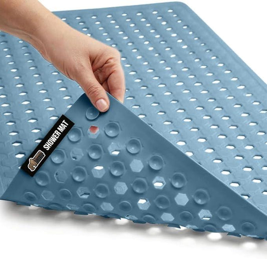 GORILLA GRIP Patented Bath Tub Shower Mat, Machine Washable Bathtub Floor Liner Mats, Suction Cups and Drain Holes to Keep Tubs Clean, Soft on Feet, Bathroom Essentials, 35x16 Inch, Sky Blue Opaque - ModernBath