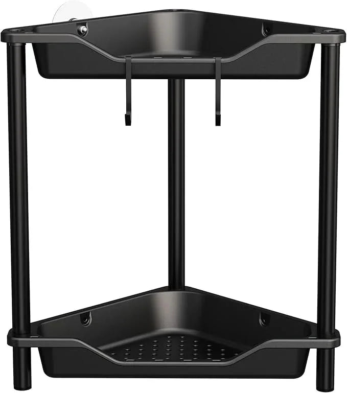 Orimade Rustproof 2 Tier Floor Standing Corner Shower Caddy Organizer, Plastic Metal Splicing Floor Corner Shelf Rack Stands for Bathroom, Black - ModernBath