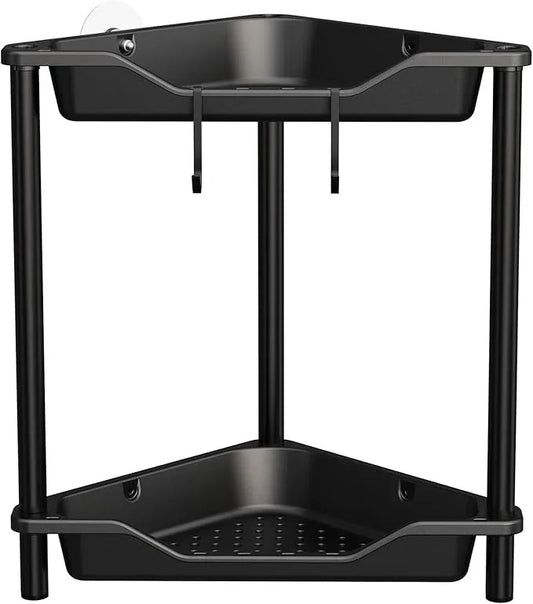 Orimade Rustproof 2 Tier Floor Standing Corner Shower Caddy Organizer, Plastic Metal Splicing Floor Corner Shelf Rack Stands for Bathroom, Black - ModernBath