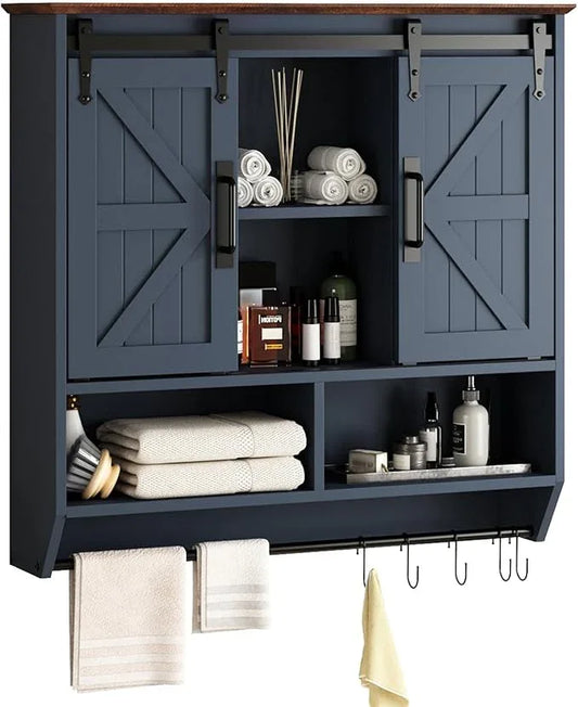 RUSTOWN Farmhouse Bathroom Wall Cabinet,3-Tier Rustic Wood Wall Mounted Cabinets,Vintage Medicine Cabinet with Sliding Barn Door and Adjustable Shelves,Over The Toilet Storage Cabinet (Navy Blue) - ModernBath