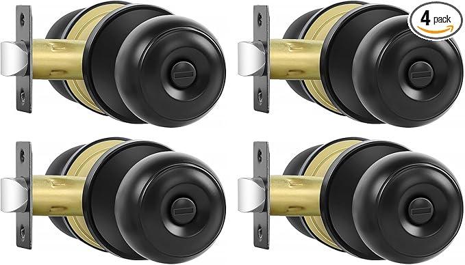 Privacy Door Knobs, 4 Pack Matte Black Door Knobs with Lock, Bed and Bath Door Knob Interior Keyless Locksets, Round Door Handles Reversible for Left Right Handed Doors - ModernBath