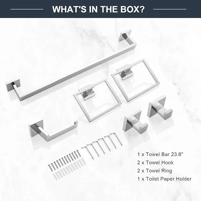 TQKAG 6-Piece Bathroom Towel Bar Sets Polished Chrome 23.6 inch Towel Bar Stainless Steel Towel Ring Coat Hook and Toilet Paper Holder Bathroom Hardware Set Wall Mounted Bathroom Accessories Kit - ModernBath