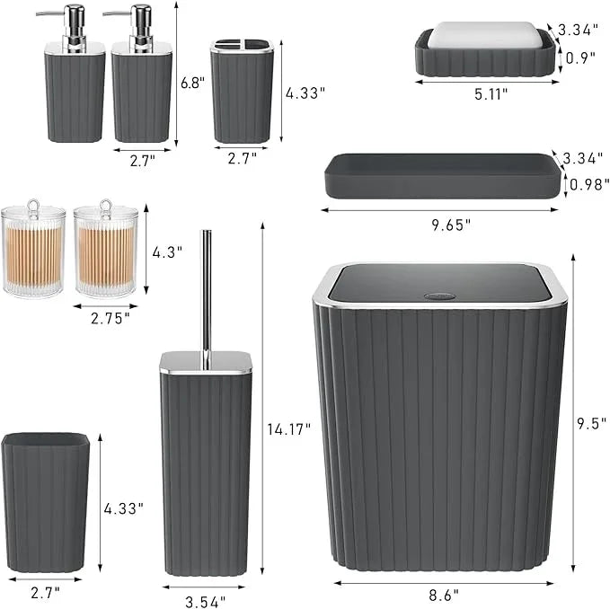 XLHOMO Bathroom Accessories Set - Gorgeous Grey Bathroom Set, 10PC Bathroom Accessory Set, Gray Bathroom Accessories Set, Trash Can, Qtip Holder Dispenser & Soap Dispenser - ModernBath