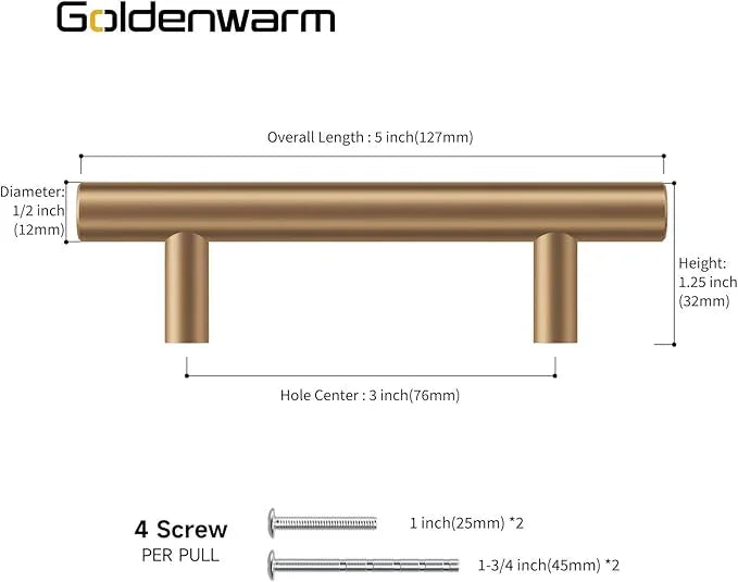 goldenwarm 5 Pack Champagne Bronze Cabinet Pulls Brushed Gold Cabinet Handles 3 inch(76mm) Bronze Drawer Pulls Brass Drawer Handles Kitchen Bathroom Bedroom Furniture Hardware - ModernBath