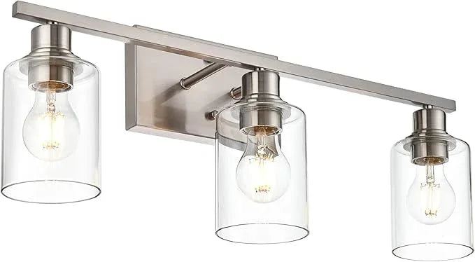 VINLUZ Metal Brushed Nickel 3 Lights Wall Light,Indoor Vanity Light Fixture with Clear Glass Shade Farmhouse Bathroom Lighting Fixtures Over Mirror for Porch Workshop - ModernBath
