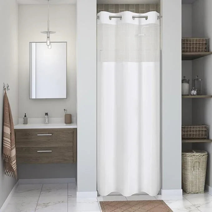 eachope Stall No Hooks Needed White Shower Curtain with Snap-in Fabric Liner Set,Linen Textured Hotel Luxury Decor Shower Curtains for Bathroom with Mesh Top Window,Waterproof & Washable,36Wx74H, - ModernBath