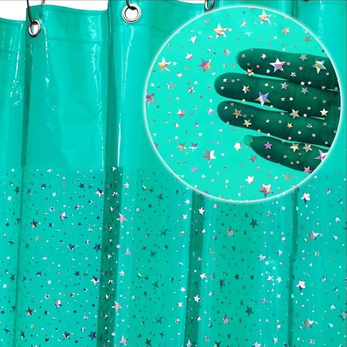 Green Holographic 3D EVA Shower Curtain Liner Glitter Star, 72x72 Premium Light Weight Plastic Bathroom Shower Curtain with Rustproof Metal Grommets for Shower Stall, Bathtubs(No Hooks) - ModernBath