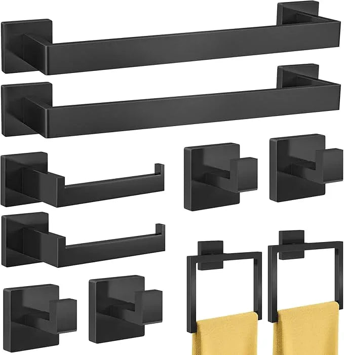 Bathroom Hardware Accessories Set, 10 Piece Black Towel Bar Set Stainless Steel, Towel Racks for Bathroom Wall Mounted Towel Holder Set, 16 inch - ModernBath