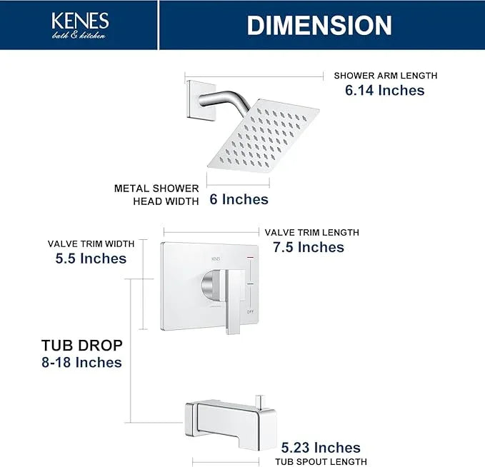 KENES Chrome Tub and Shower Trim Kit, Square Tub Shower Faucet Set Complete with 6-Inch Rainfall Shower Head and Tub Spout, KE-6025A-5 (Shower Valve Included) - ModernBath