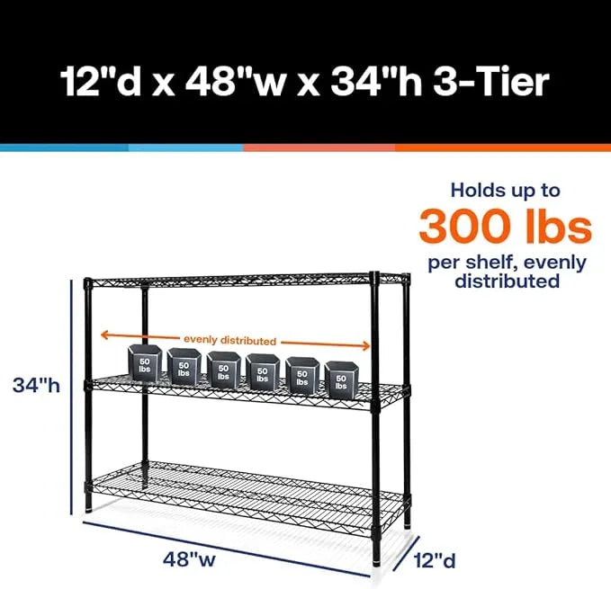 Shelving Inc. 4-Tier Industrial Wire Shelving, 12"D x 48"W x 34"H, Black Epoxy Finish, 300lbs Capacity Each Shelf, Floor Mount, Dry Storage - ModernBath
