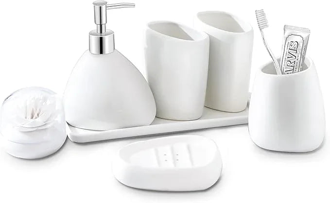 BLBYHO Ceramic Bathroom Accessory Set, 7 Pieces Countertop Accessories, Include Soap Dispenser, Toothbrush Holder, 2 Tumbler Cup, Soap Dish, Plastic Vanity Tray, Qtip Holder (White) - ModernBath