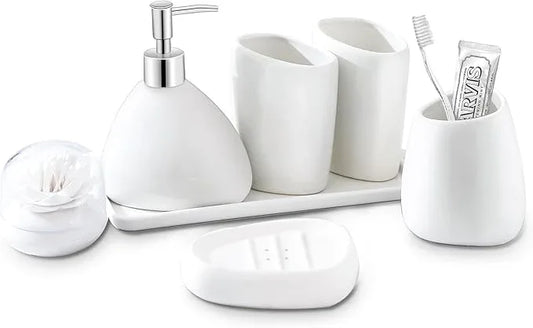 BLBYHO Ceramic Bathroom Accessory Set, 7 Pieces Countertop Accessories, Include Soap Dispenser, Toothbrush Holder, 2 Tumbler Cup, Soap Dish, Plastic Vanity Tray, Qtip Holder (White) - ModernBath