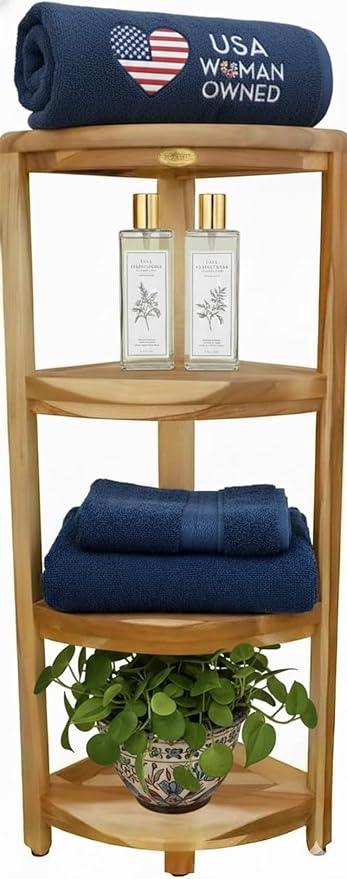 EcoDecors Corner Snazzy Corner Four Tier Natural Color Shelf Waterproof Teak Wood Shower Bench Stool Seat Chair For Inside Shower Provides Safety, Storage, and Organization For Bathroom Accessories - ModernBath